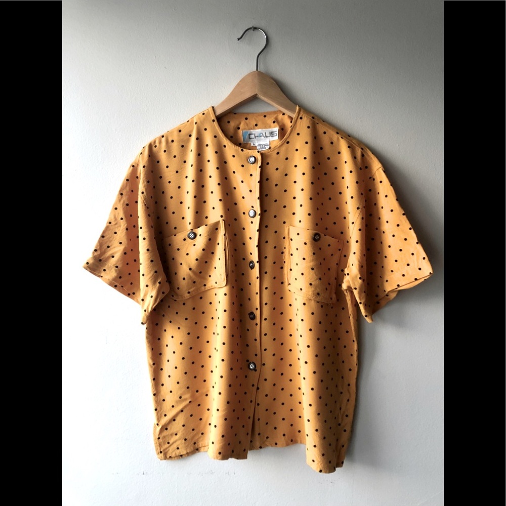 Vintage Rare Button Dwn Yellow Pockets PolkaDot T